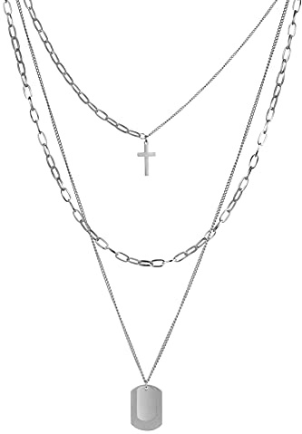 JewelryWe Schmuck Halskette Herren Damen Edelstahl Kreuz Dog Tag Schloss Schlüssel Herz Anhänger mit Gravur Mehrreihige Mehrschichtige Kette Choker für Männer Frauen Silber/Gold