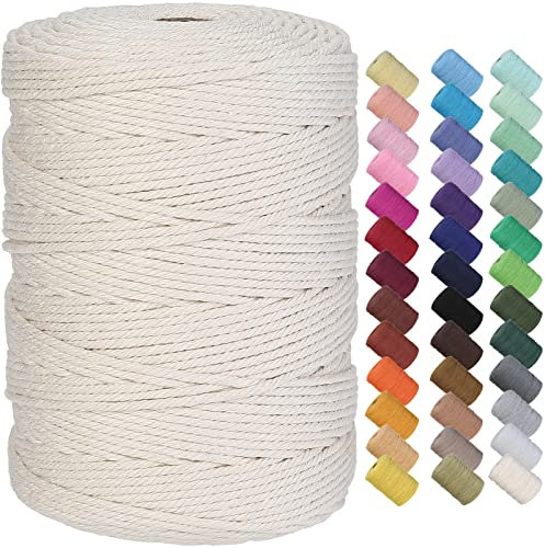 GOHOF Macrame Cord 3mm x 300m Premium Cotton Macrame Rope, 4 Strand Twisted Soft Cotton Cord, One of The Most Perfect Materials for Macrame Art, Cotton String Without Chemicals (Beige)