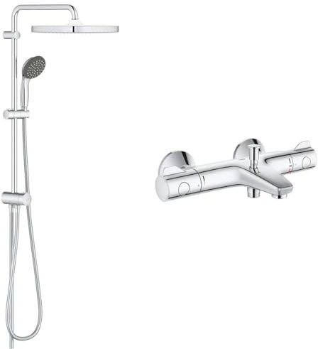 GROHE Vitalio Start 250 Cube Flex - Duschsystem (wassersparend, mit Umstellung, 2 Strahlarten, Wandmontage) & Grohtherm 800 - Thermostat- Wannenbatterie (inkl. Auslauf mit Mousseur), chrom