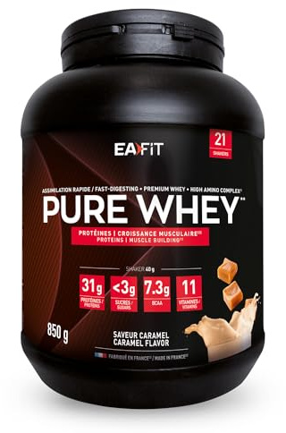 Whey Protein - EAFIT - 31g Proteine - BCAA - Musculation - 850 g - Caramel | Croissance Musculaire, Protéines de Whey, Assimilation Rapide, Pre Workout, Marque Française N°1 en Nutrition Sportive