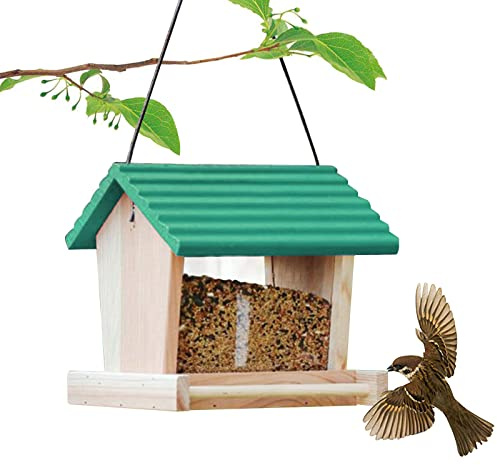 Vogelfutterspender Holz Wetterfest, Vogelfutterhaus Zum Aufhängen, Futterspender Wildvögel Hängend, Futterstation Vögel Fenster Bausatz, Futterstation Vogelhaus für Natur Garten Ständer mit Ablaufloch