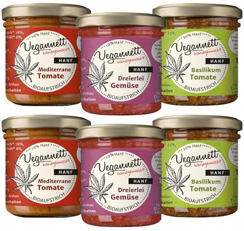 VEGANNETT Bio Brotaufstrich mit Hanf 6 x 135 g | Handwerklich hergestellter Aufstrich mit regionalem Gemüse und exotischen Gewürzen | Herzhaft, vegan & ohne Zusatzstoffe