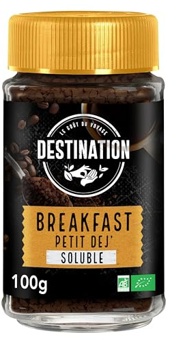 Destination - Café Soluble Desayuno BIO - Café Soluble Granulado y Liofilizado de Tueste Natural - Procedente de Cultivo Ecológico - Sabor Potente y Generoso - Propiedades Energizantes - 100 g