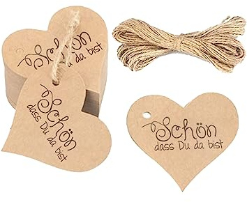 LJFEA 50Stk Herz Kraftpapier Geschenkanhänger, SCHÖN DASS DU DA BIST Etiketten Herzanhänger mit Schnur für Valentinstag Hochzeit Geschenke