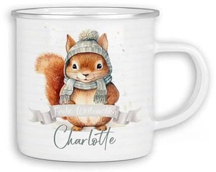 timalo® Emaille Tasse personalisiert mit Namen | Kinder Blechtasse Kindertasse Geschenk Weihnachten | Eichhörnchen-1