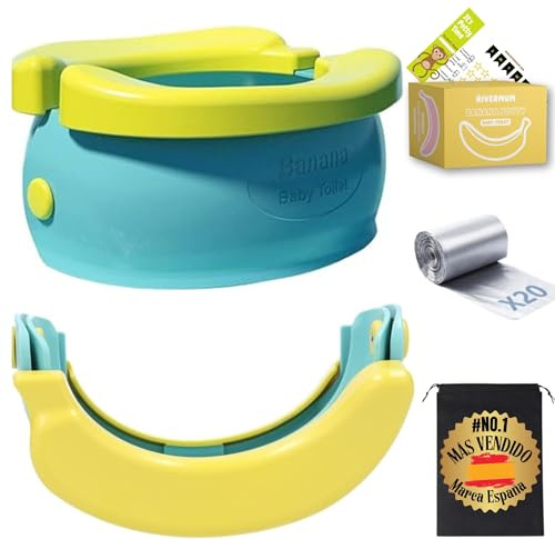 RIVERMUM® Tragbares Töpfchen für Kinder, faltbar, tragbar, Bananen-Toilette, zusammenklappbar und lustig, ideal für Zuhause, Auto oder Reisen, inklusive 20 Taschen, Limettengrün