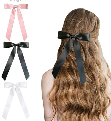 GWAWG 3 Stück Haarspangen mit Schleife, einfarbig, mit langem seidigem Satin, seidig, Haarschleifen für Damen und Mädchen, Vintage Headwear Party Hochzeit Haar Zubehör für Frauen Mädchen