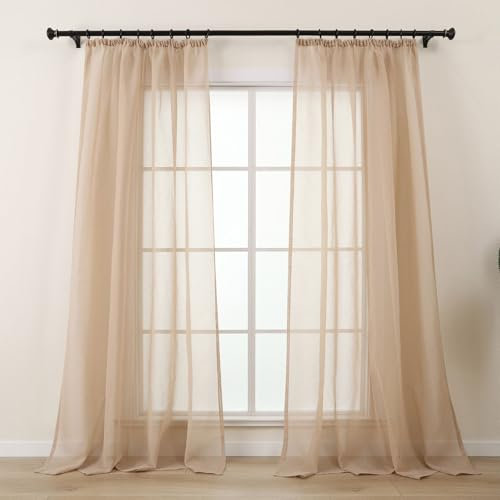 L.Z.E Cortinas beige para salón, transparentes con cinta fruncidora para sistema de rieles, para dormitorio, juego de 2 con aspecto de lino, modernas, 225 cm