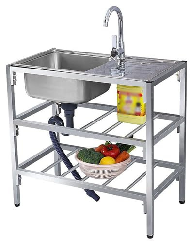 YHQYCGS Évier De Cuisine,Evier Cuisine 1 Bac,Évier De Cuisine D'extérieur,Evier De Cuisine Autoportant en Acier INOX 1 Bac,avec Raccords de Vidange et Robinet,for Cuisine, Restaurant.(Double Layer)