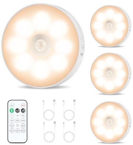 Led Vitrinenbeleuchtung kabellos,USB Aufladbar LED Spots Akku mit Fernbedienung,Küchenunterbauleuchte Nachtlicht mit Bewegungsmelder,Dimmbar Indirekte Beleuchtung mit Timer Schrank,Regal (Warm White)