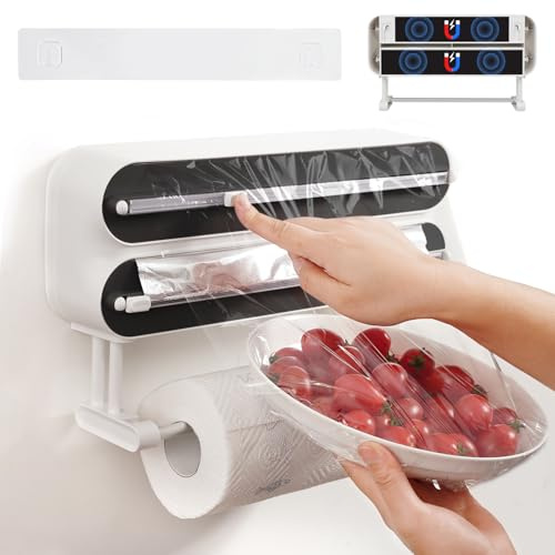 DBREAKS Wandrollenhalter Küche 3-in-1 Frischhaltefolienspender, küchenrollenhalter magnetisch, Frischhaltefolie Schneider, Alufolie Spender, Papierrollenhalter, Folienspender Mit Frischhaltefolie