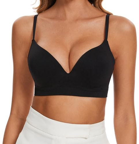 seagallery Seamless Push Up Bra for Women Wired Lifting Strap Multiway Convertible T-Shirt Bra Deep V Neck Plunge Bra Black