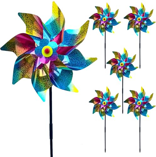 CIYIN Moulin à Vent Anti-Oiseaux, 6 Pcs Moulin à Vent Jardin Exterieur, Moulin a Vent Reflechissant, Moulin a Vent Repulsif Oiseaux, Répulsif à Oiseaux pour Pelouses/Jardin/Verger/Ferme- Couleur Laser