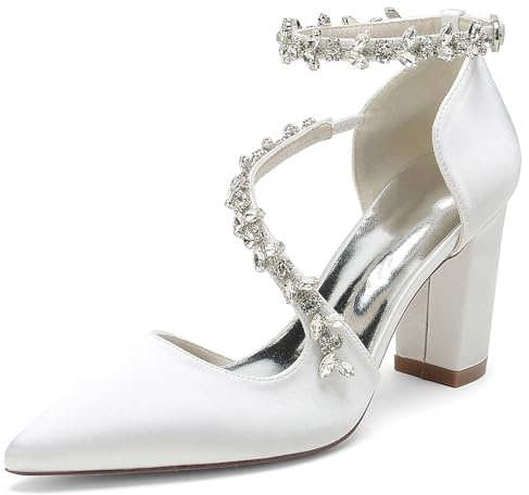 MINITOO Sexy Evening Scarpe da donna con tacco grosso décolleté da sposa con strass MY138, My138 Bianco 8 5 cm tacco, 38.5 EU