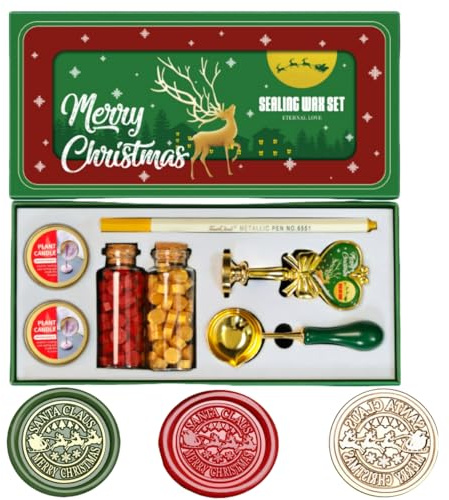 Weihnachten Wachs Siegel Stempel Kit, Atopbb Mihua Hirsch Siegel WachsSiegel Kit mit Weihnachtsgeschenkbox, Weihnachten WachsSiegel Set mit 2 Flasche WachsSiegel Perlen (1B)