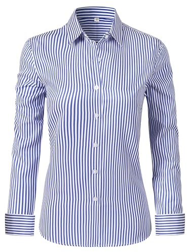 Ruisin Navy Blue and White Striped Shirt Women Long Sleeve Shirts for Women's Blouses & Button-Down Button Down Womens Cotton Summer Dressy Casual Navy Blue L