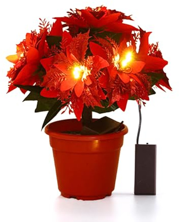 LEMCC Beleuchtete Weihnachtssterne, Künstliche Weihnachtsblumen, Vorbeleuchtete Rot-goldene Weihnachtsstern-Pflanzen in Töpfen, Künstliche Weihnachtssterne aus Seide, (A)