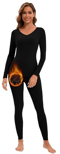 WOWENY Womens Thermal Underwear Set Ultra Soft V Neck With Lace Long Johns Sleeved Top Base Layer Warm Tops & Bottoms for Skiing Sport Yoga,Black,S