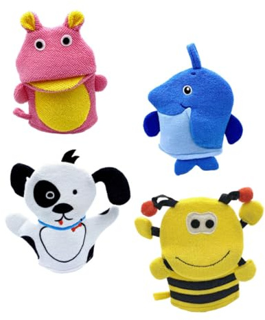 ORFOFE 4 Stück-pack Kinder Peeling Körperreiniger Badehandschuhe aus Baumwollmischung mit Tierischem Design Bequeme Badehandschuhe für Dusche und Bad