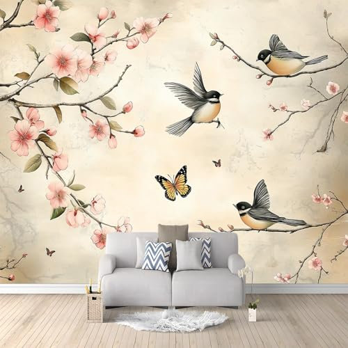 Carta da parati fotografica 250 x 175 cm Rivestimento murale decorazione soggiorno Design Uccelli D'Epoca Fiori per camera da letto soggiorno Carta da parati non tessuta Decorazione murale, Marrone