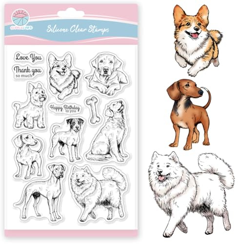 GLOBLELAND Sellos transparentes realistas de perros Golden Retriever Corgi Samoyedo, sellos transparentes de silicona, sellos transparentes para manualidades, álbumes de recortes, tarjetas, álbumes de