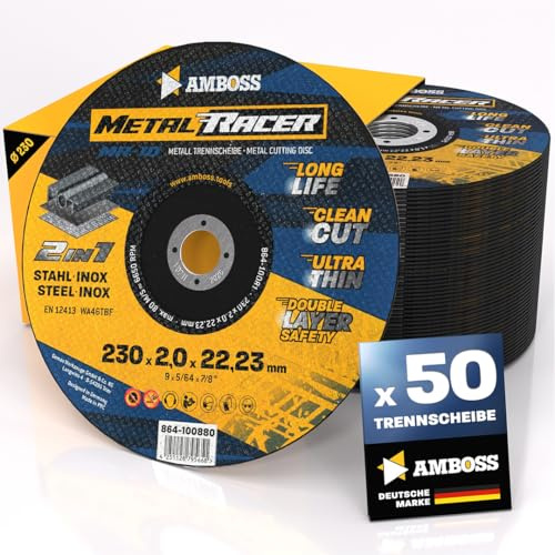 Disque a tronconner 230 metal (50 pièces) - Ø230x2x22.23mm - Disque a tronconneuse metaux Metal Racer by AMBOSS WERKZEUGE - Disque meuleuse 230 pour acier, acier inoxydable et meuleuse angulaire