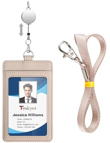 Teskyer Microfaser-Leder Ausweishülle mit Band - Ausweishalter Ausziehbar für 2 Karten, Transparentes Fenster, Vertikales, Beige