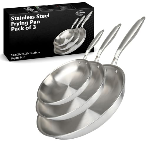MISL HOME - Stainless Steel Frying Pan Set Pack of 3 | 24/26/28cm with Stay Cool Handles – 3-Ply Pan Induction Compatible, Oven Friendly Steel Cookware Set for Home Cooking