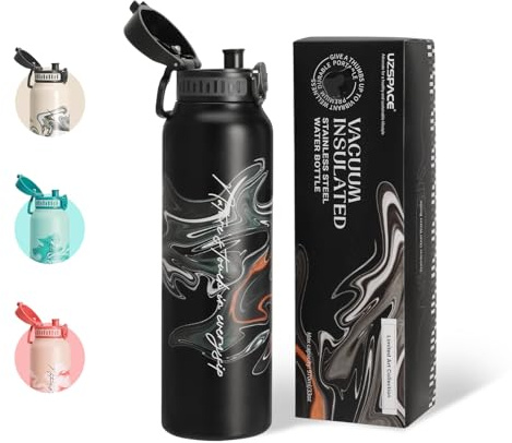 UZSPACE Gourde Isotherme 1L (970ml) en Acier Inoxydable - Bouteille Isotherme Double Paroi à Motif Artistique - Gourde Sport Adulte - Idéale pour Plein Air, Noire
