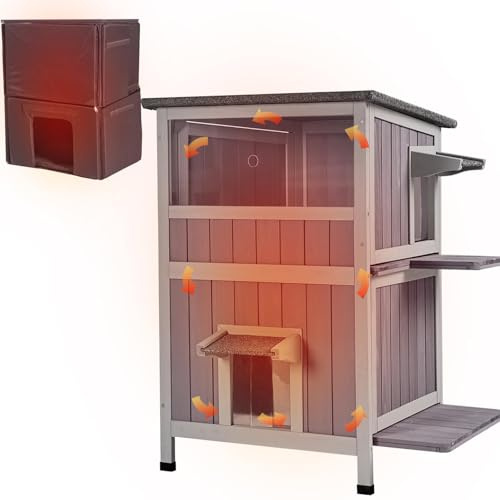 Aivituvin Katzenhaus Outdoor Winterfest aus Holz Isoliert Feral katzenhöhle Wetterfest für Winter Doppelzimmer und wasserdichter Wildkatzen-Schutthaus für den Winter (Grau, L)