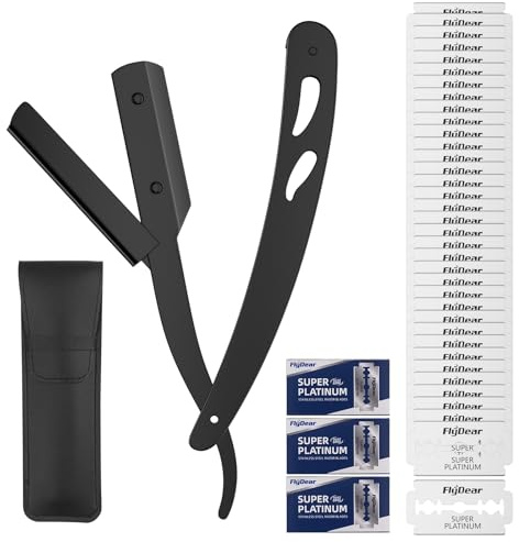 Dalephoric Rasoio a Mano Libera, Rasoio da Barbiere Lama Intercambiabile, Lama Barba con 30 Lamette e Custodia Protettiva in Pelle, Viso Rasatura di Precisione, per Taglio e Rasatura, Nero