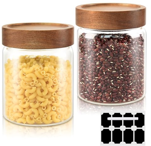 DZAEMOSIIE 800ml Vorratsgläser mit Deckel 2er-Set, Vorratsdosen Glas-Behälter Set aus Borosilikatglas, Glas mit Holzdeckel Stapelbar und Luftdicht