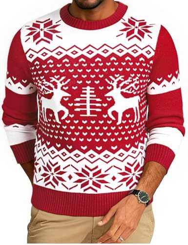 Demegimi Maglione Natalizio Uomo Pullover Invernale Girocollo con Fiocco di Neve e Alce Maglioni Classici Manica Lunga per Festa di Natale