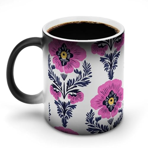 Jubonexis Neon Pink Pansies Traditional Folk Art Color Changing Mugs Heat Changing Ceramic Coffee Mug Novelty Funny Tea Water Cup 11OZ