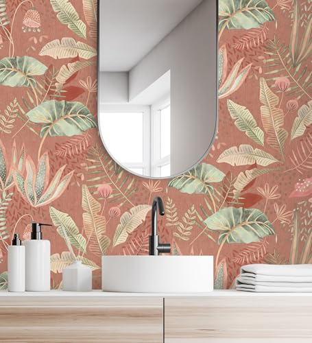 GAULAN 500683314 Papier peint vinyle feuillage tropical tons verts et corail sur fond terracotta pour mur salon cuisine bain chambre couloir stanza - Échantillon DIN A4