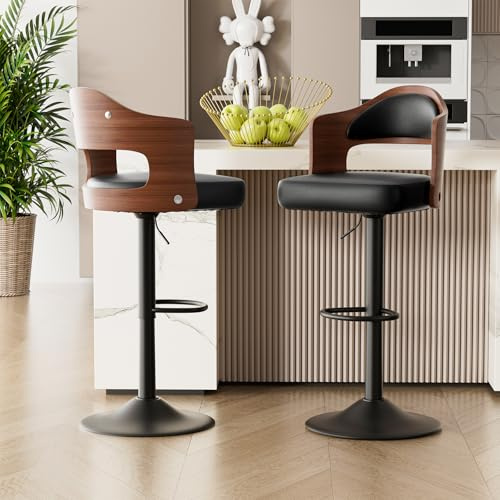 Hawthyhome Barhocker 2er Set Barstuhl Tresenhocker Bistrohocker 360°Drehstuhl Küchenstühle mit offene Rückenlehne und Fußstütze Stuhl mit Armlehnen Lobby Tresen Küche Hausbar Schwarz Nussbaumholz