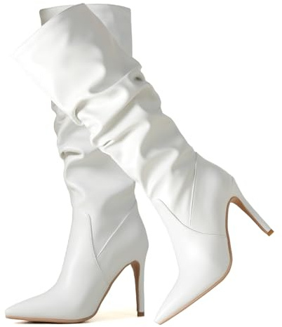 Ceciloroda Femmes's Knee Bottes Hautes White Slouchy Ruched Wide Calf Fall Chaussures Bout Pointu Pull On Dressy Bottes Stiletto Confort Size 41