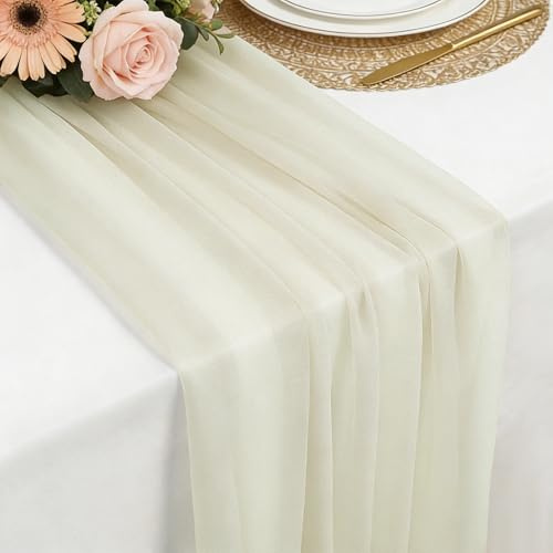 Tischläufer Beige Chiffon, 77 X 300 cm Weich und Bequem Tischläufer für Boho Hochzeit, Party, Taufe Dekor, Babyparty, Brautparty Küche Tisch Dekoration