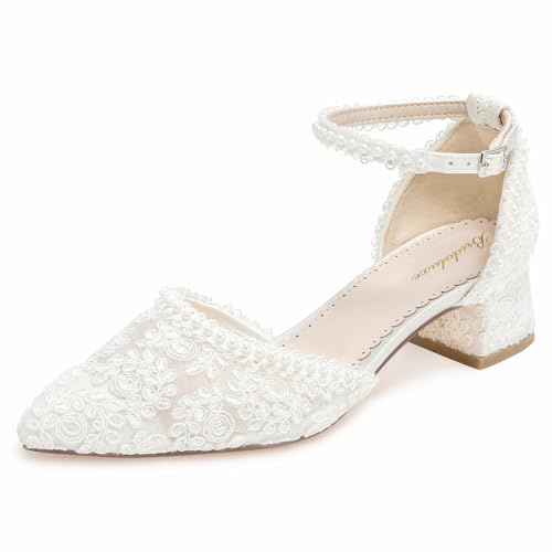 Bridaluxe 1601 Women’s Closed Toe Wedding Shoes 1.77 Inch Low Block Heel Lace Pearl Ankle Strap Bridal Pumps