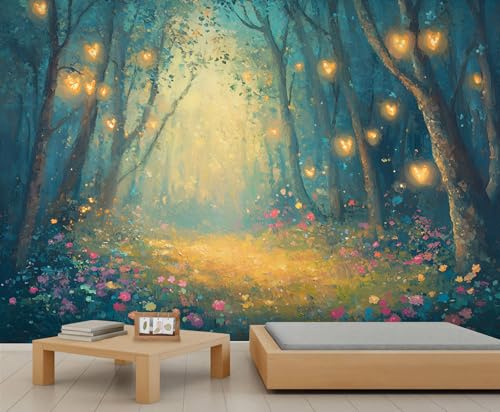 Papier peint forêt enchantée lucioles lumineux papier peint floral chemin arbre forêt papier peint mural pour chambre de fille peintures murales salon affiches 200 x 140 cm