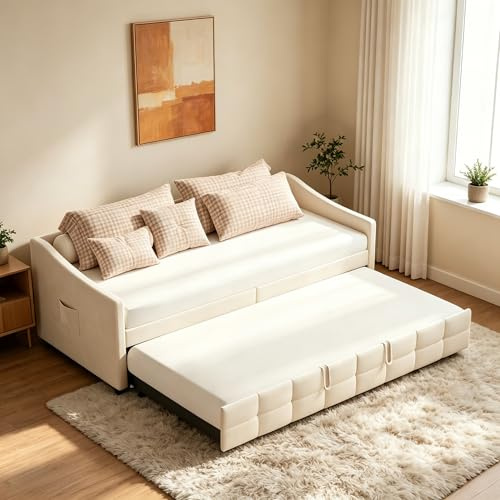 HFASD Utdragbar bäddsoffa 90/180 x 200 cm, daglig utdragbar säng med ribbotten, utdragbar säng med sidoficka, utdragbar dagsäng, funktionell flanellsäng, utan