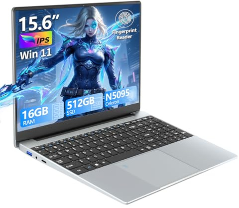 15.6 Portátile, Ordenador Portatil 16GB RAM 512GB SSD, Celeron N5095, Win 11 PC Portatil Desbloqueo Huellas Dactilares+Teclado Retroiluminado, 180°Opening and Closing Pantalla, Mini-HDMI+USB3.0