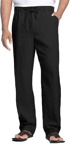 Cegerne Pantaloni di Lino Uomo Estivo Lungo Leggero Casual, Vita Elastica Zip e Coulisse, Tasche Traspiranti per Spiaggia Vacanze Quotidiano, Nero, M
