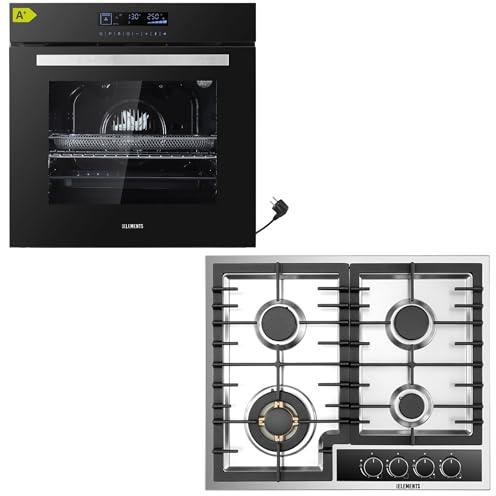 Juego de cocina de gas, horno empotrable de 60 cm, placa de gas con 4 quemadores de cobre completo, función Airfry, barbacoa, aire caliente, Aqua Clean