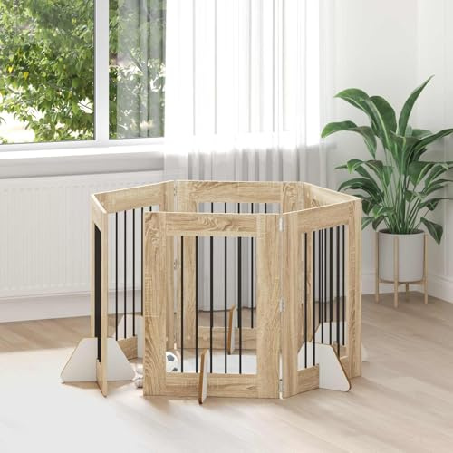 QUAHEAS Hundetor mit Ständern faltbar 6-teilig aus Metall und Holz Sonoma-Eiche 60 x 80 cm für Innenbereich, tragbar und modular als Hundezwinger, Absperrung, Laufstall, Schutz im Wohnraum