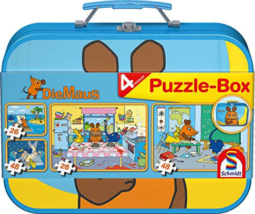 Schmidt Spiele 55597 Die Maus, 4 Kinderpuzzle im Metallkoffer, 2x26 2x48 Teile