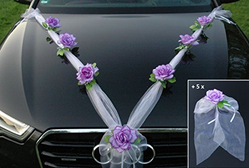 Organza M + Schleife Auto Schmuck Braut Paar Rose Deko Dekoration Autoschmuck Hochzeit Car Auto Wedding Deko Ratan Girlande PKW … (Lila Weiß)