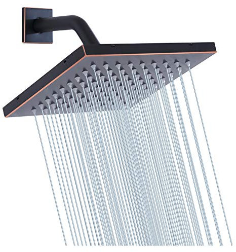GGStudy - Soffione doccia quadrato da 20,3 cm, in acciaio inox ad alta pressione con olio in bronzo strofinato, soffione doccia a pioggia, ugello in silicone autopulente