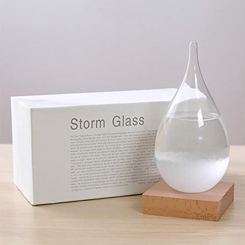 Enkrio Storm Glass Weather Predictor, Weather Station Weather Forecaster with Wood Base, Creative Crystal Glass Bottle for Home & Office Decoration (S)