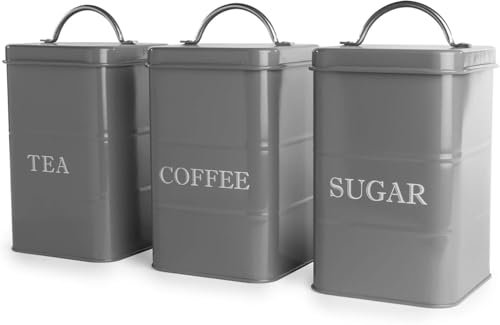 Maison & White Tea Coffee Sugar Canisters | Set of 3 Vintage Kitchen Storage Container | Steel Caddy | Store Teabags Coffee Beans Granules | M&W (Grey)